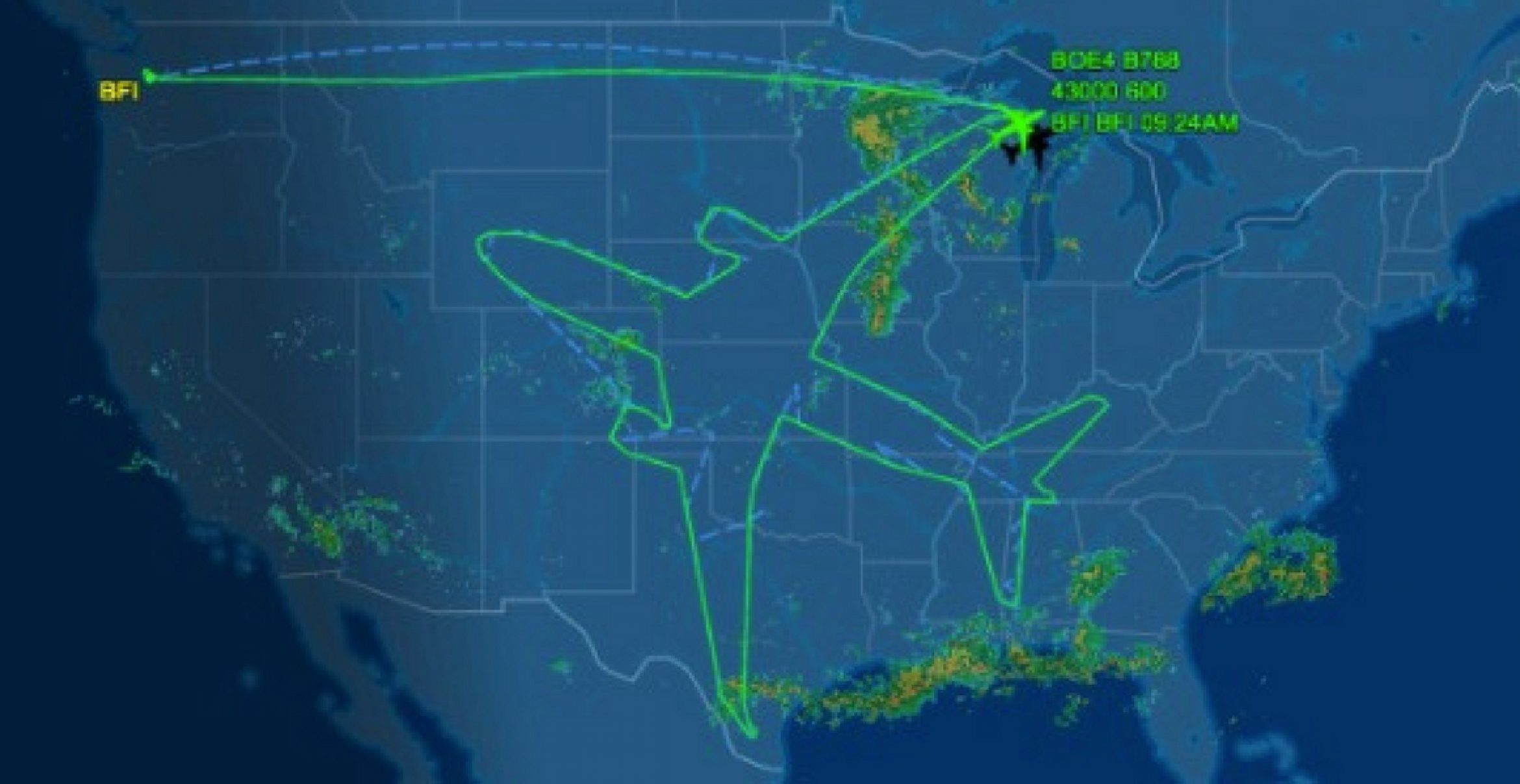 Selbstporträt: Boeing fliegt Route in Form eines Flugzeuges