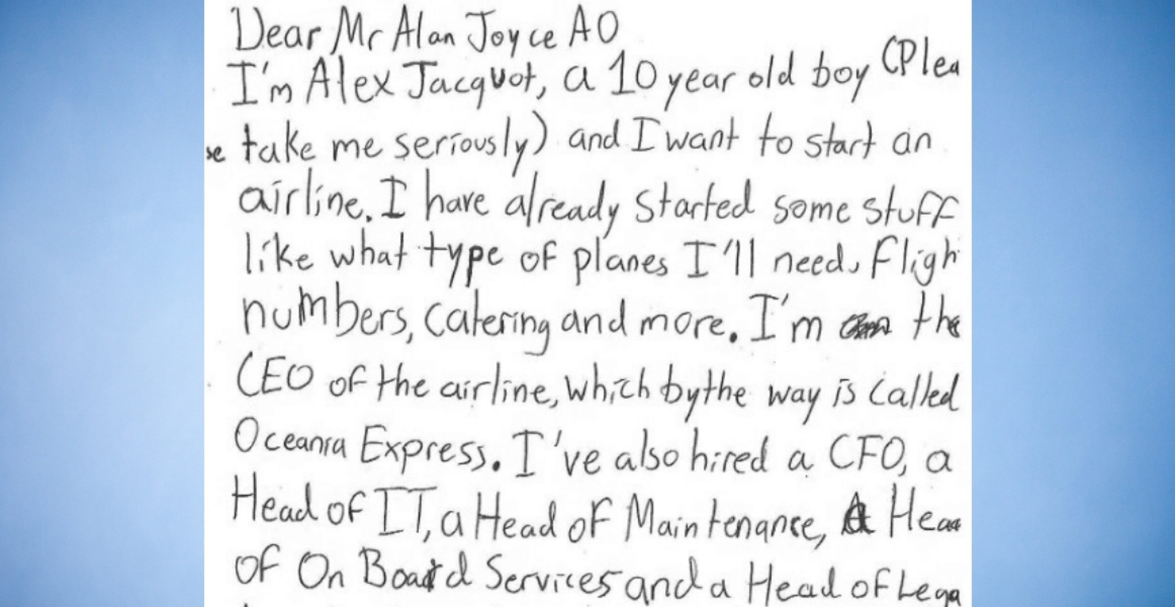 Zehnjähriger bittet CEO der größten australischen Airline um Rat