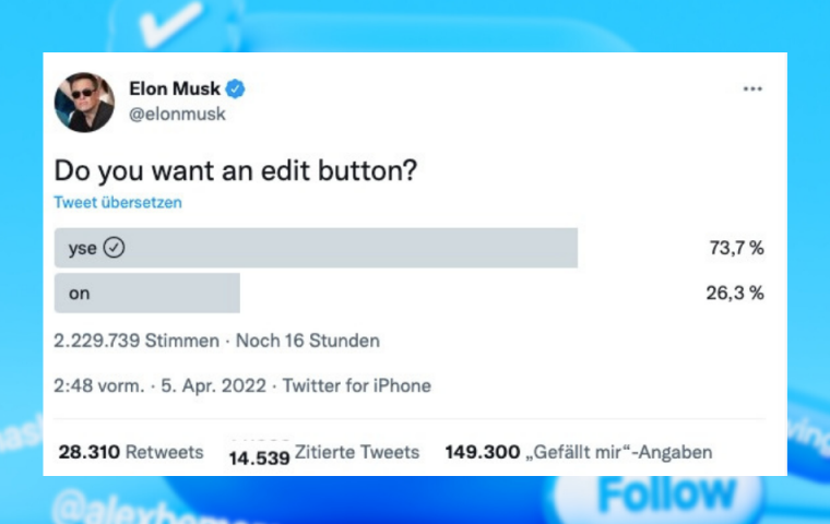 Elon Musk kauft Twitter-Aktien und startet Umfrage zur Editierfunktion