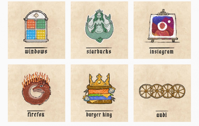 So sehen die Logos von Starbucks, Spotify und Tinder im Mittelalter-Stil aus
