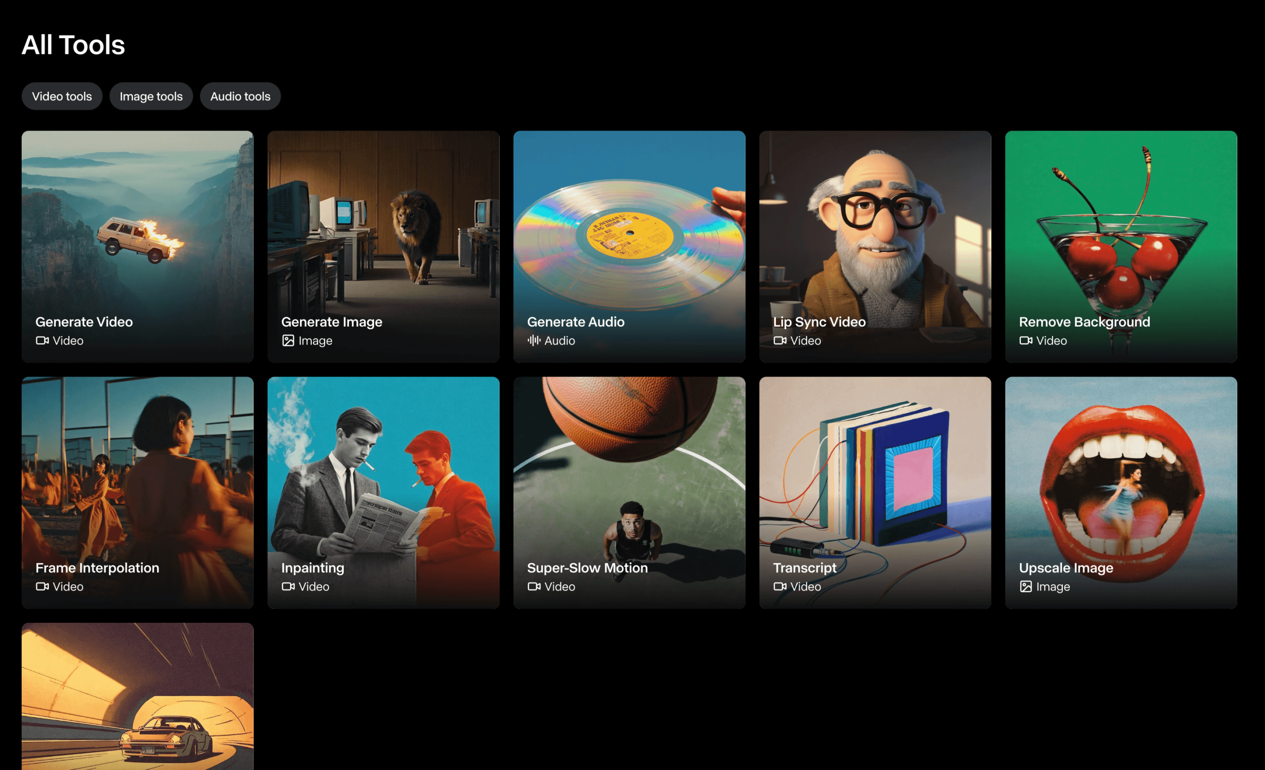 Screenshot: Benutzeroberfläche von Runway AI mit ausgewählten KI-Tools für Videobearbeitung.