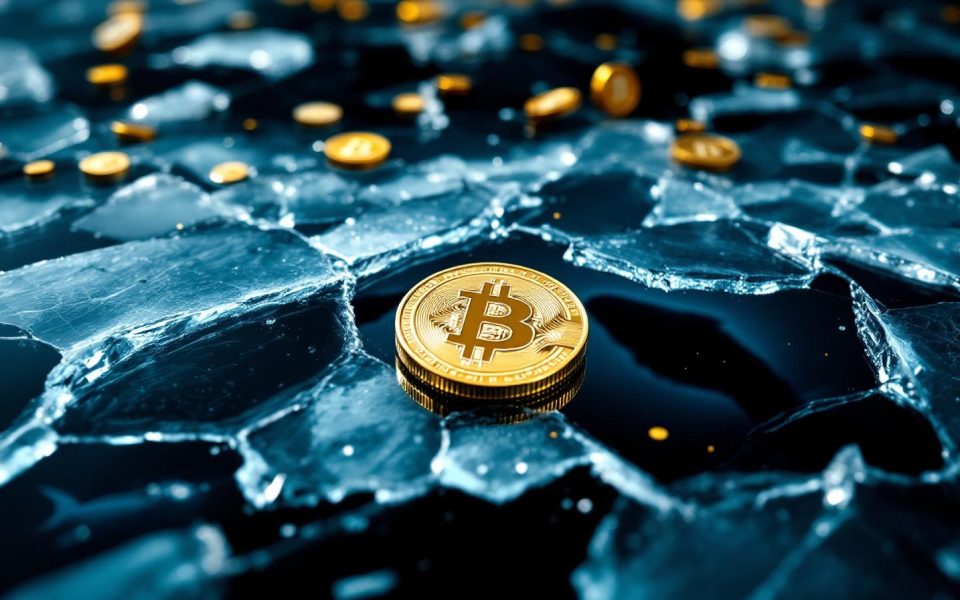 Bitcoin-Münze auf zerbrochenem Eis mit Wal-Silhouetten im dunklen Wasser darunter