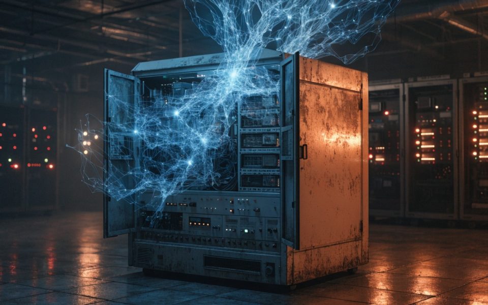 Vintage IBM Mainframe-Computer mit leuchtenden KI-Netzwerkstrukturen die durch das Gehäuse wachsen