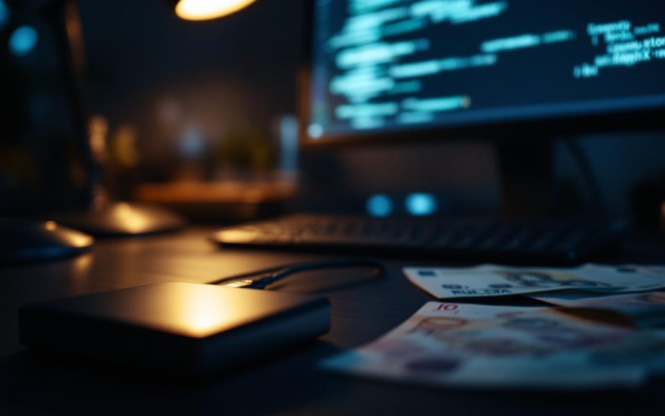 Dunkler Schreibtisch mit externer Festplatte, Geldscheinen und Krypto-Wallet – Symbol für Datenverrat