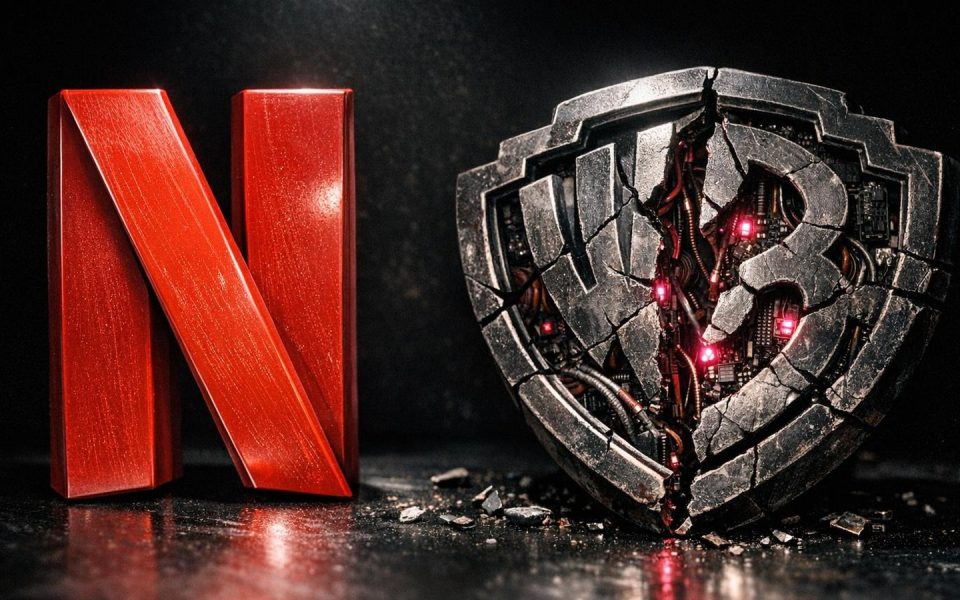 Netflix-Logo intakt neben gebrochenem Warner Bros.-Schild mit sichtbarer Platinen-Technik im Inneren