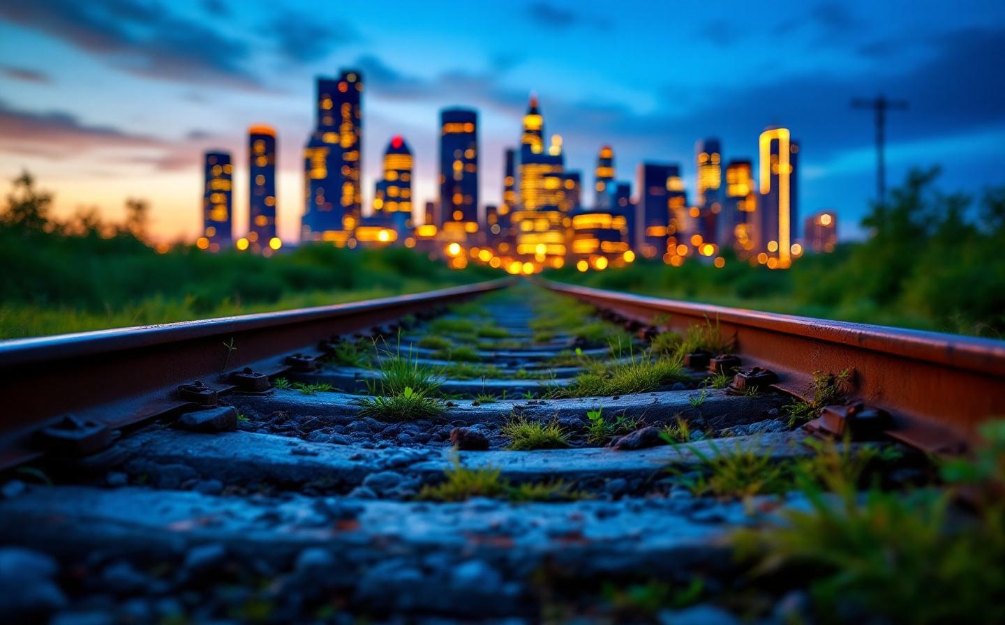 Verrostete Gleise im Vordergrund, moderne beleuchtete Skyline verschwommen im Hintergrund