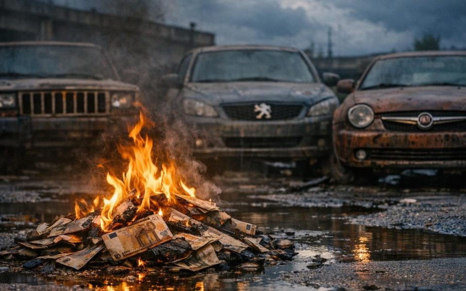 Brennende Euroscheine vor verrosteten Stellantis-Fahrzeugen auf verlassenem Parkplatz