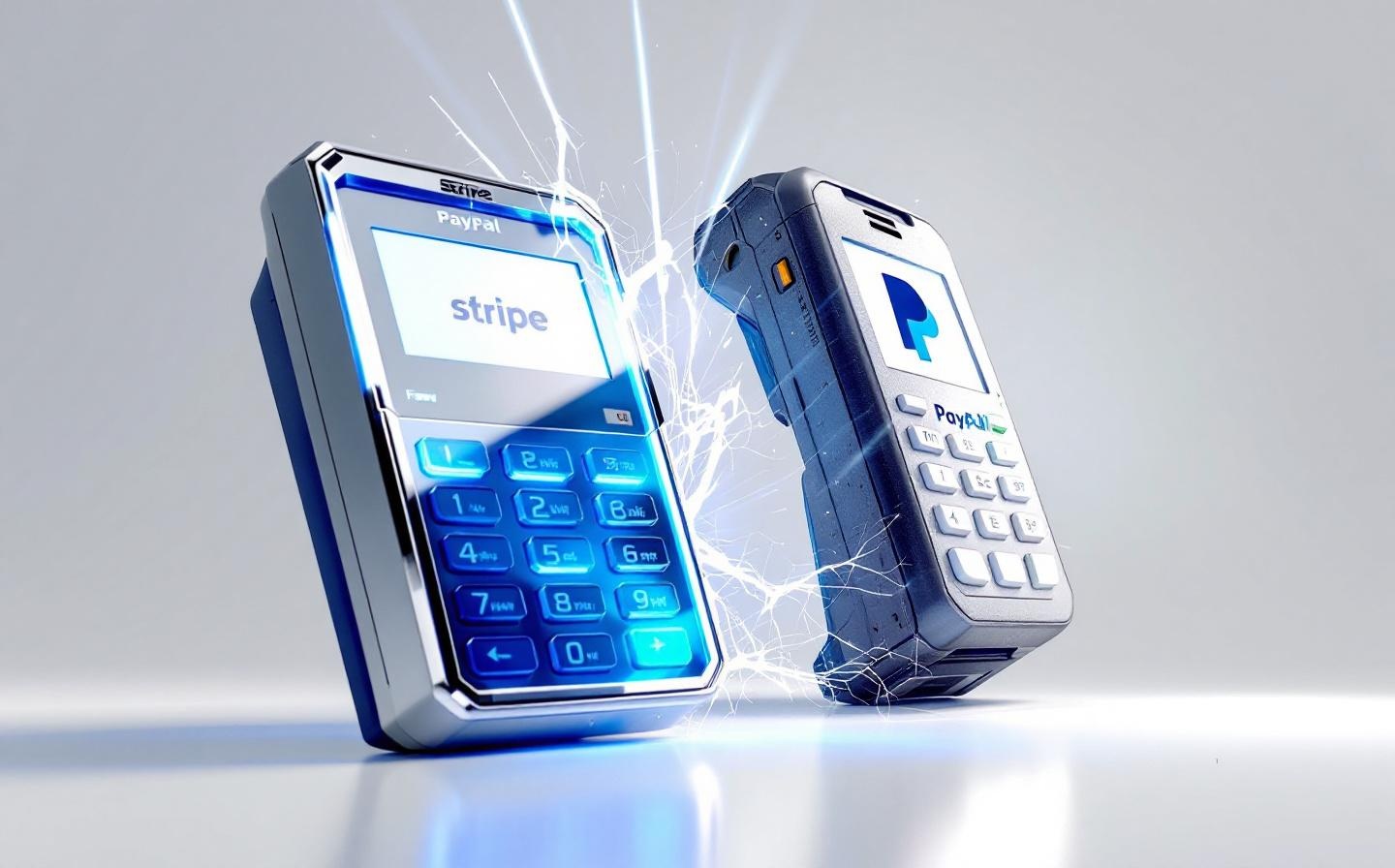 Stripe-Terminal verdrängt PayPal-Terminal in symbolischer Darstellung der Fintech-Rivalität