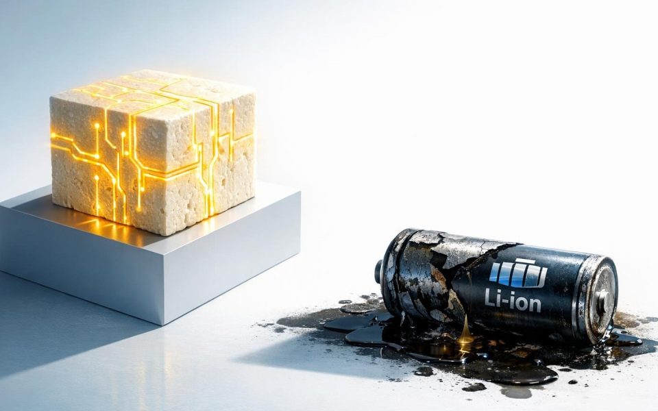 Leuchtender Tofu-Block mit Energie-Schaltkreisen neben zerfallener Lithium-Ionen-Batterie