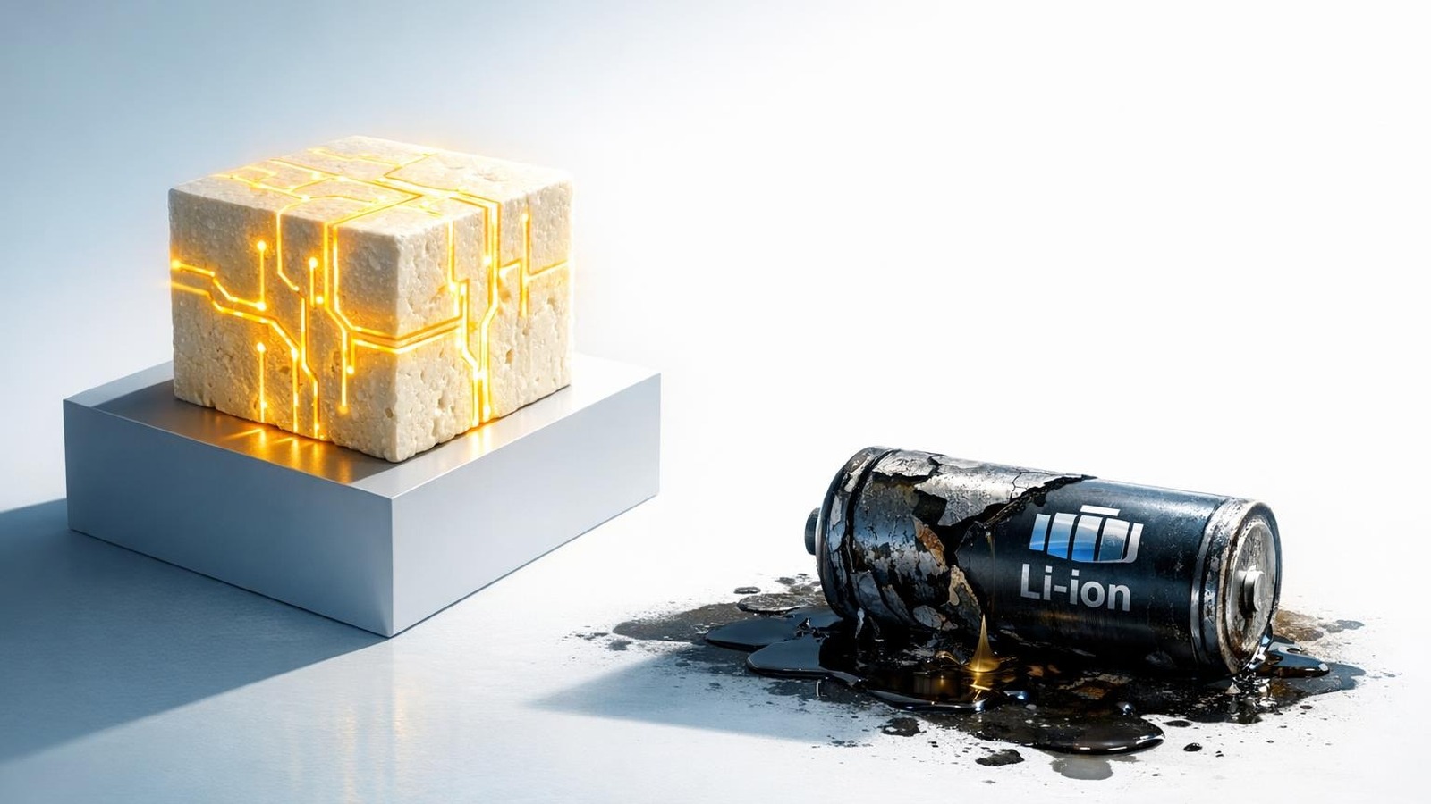 Leuchtender Tofu-Block mit Energie-Schaltkreisen neben zerfallener Lithium-Ionen-Batterie