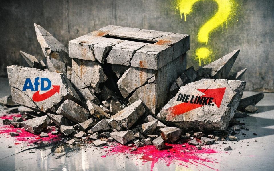 Zerbrochene Wahlurne aus Beton mit explodierenden Fragmenten im weißen Studio