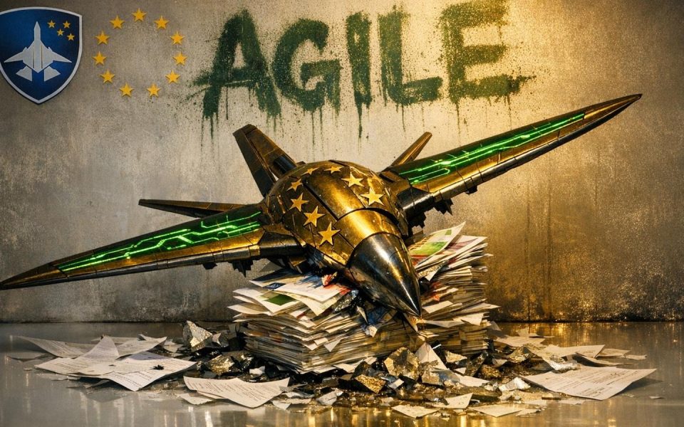 Drohnen-Skulptur durchbricht Euro-Geldscheine mit EU-Symbolik in weißem Studio