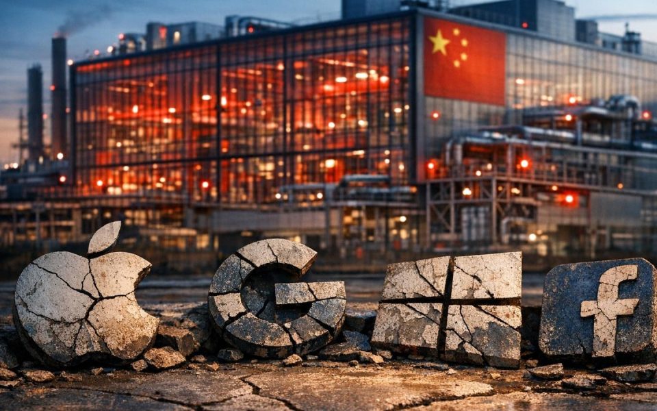 Chinesische Halbleiterfabrik bei Sonnenuntergang mit zerbrochenen US-Tech-Logos im Vordergrund