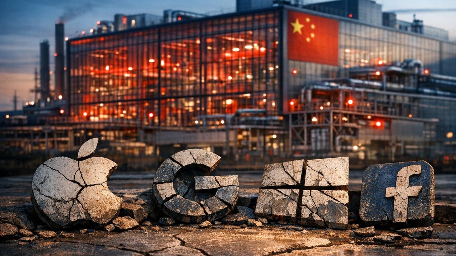 Chinesische Halbleiterfabrik bei Sonnenuntergang mit zerbrochenen US-Tech-Logos im Vordergrund