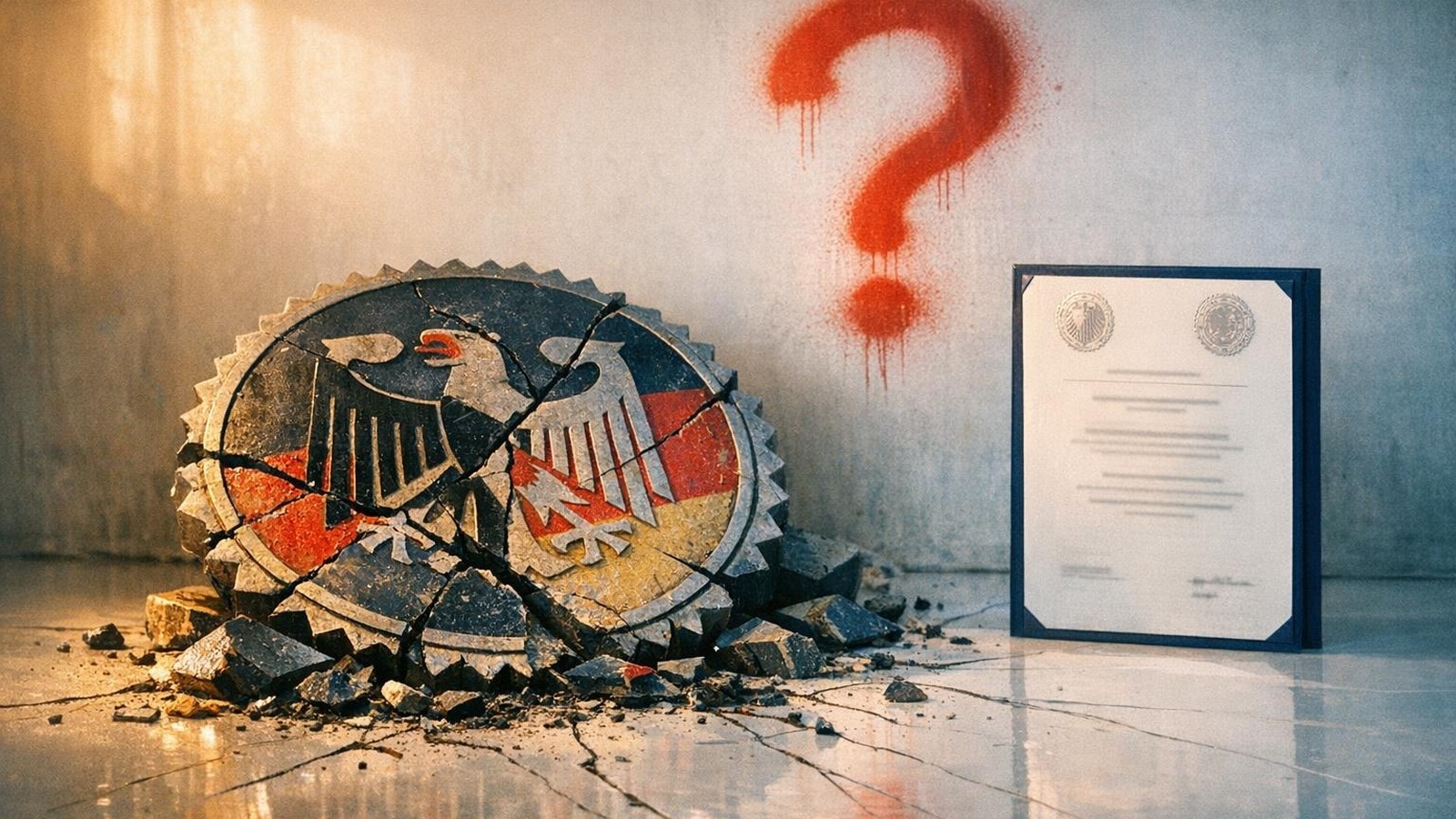 Zerbrochenes deutsches Patentsiegel neben intaktem europäischem Zertifikat im Studio