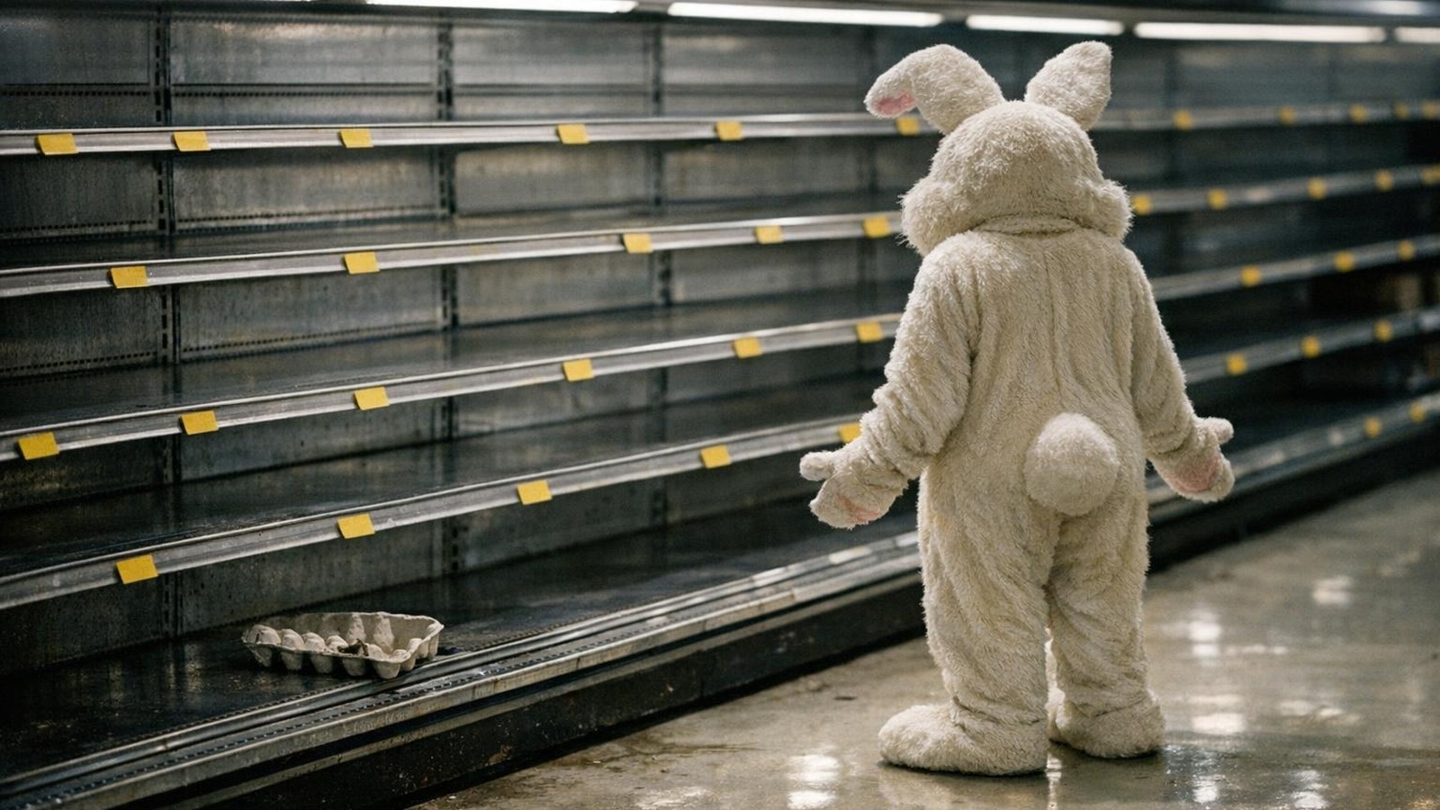 Osterhase vor leeren Supermarktregalen während Eierknappheit