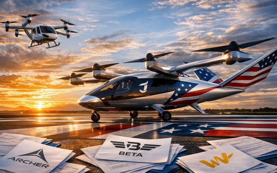 Elektrisches Flugtaxi mit US-Flagge auf Startrampe, chinesisches eVTOL fliegt bereits im Hintergrund