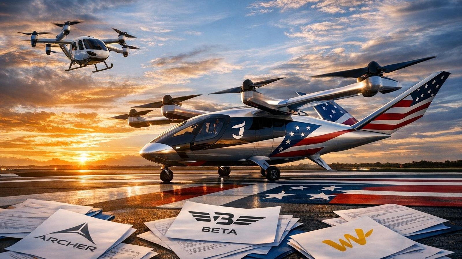 Elektrisches Flugtaxi mit US-Flagge auf Startrampe, chinesisches eVTOL fliegt bereits im Hintergrund