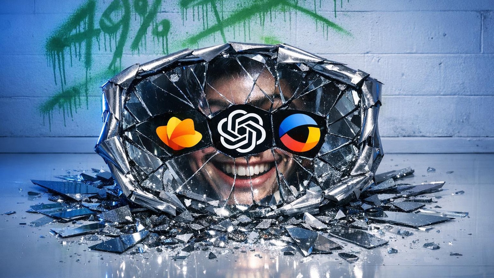 Zerbrochener Spiegel mit ChatGPT-Logo und verzerrtem Spiegelbild, Trümmer symbolisieren KI-Manipulation