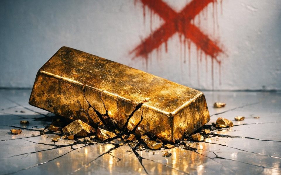 Zerschellter Goldbarren auf weißem Studioboden mit Rissen und Splittern