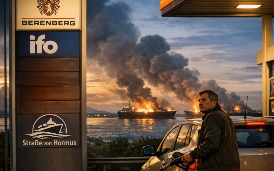 Tankstelle mit hohen Spritpreisen, brennende Öltanker im Hintergrund symbolisieren Iran-Konflikt