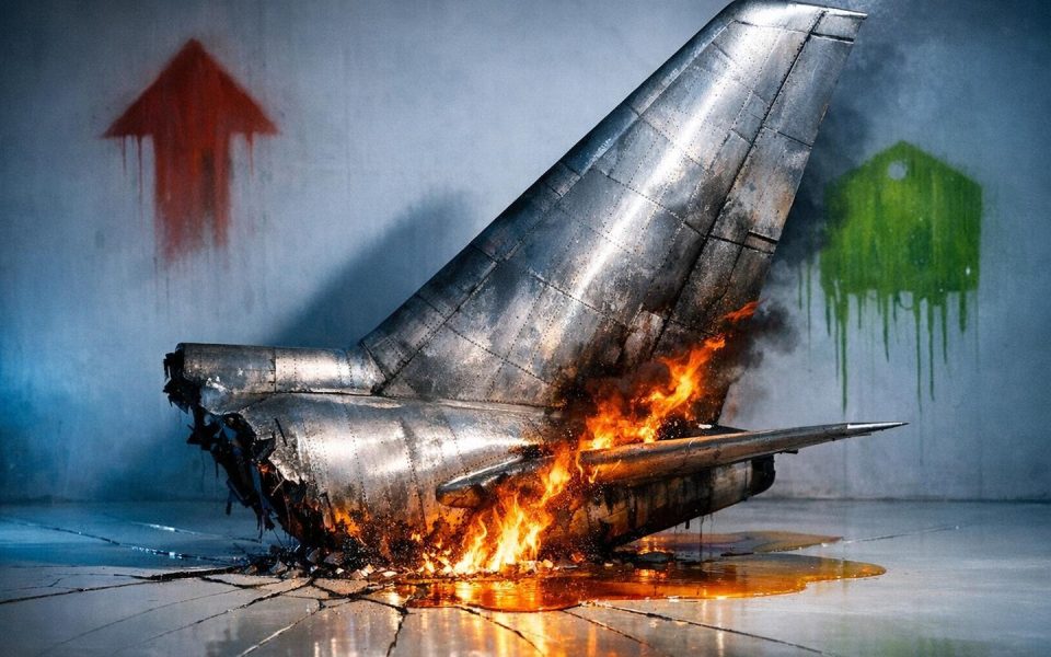 Brennendes Flugzeug-Heck kracht in Studioboden, Kerosin-Lache, Preisexplosion-Graffiti