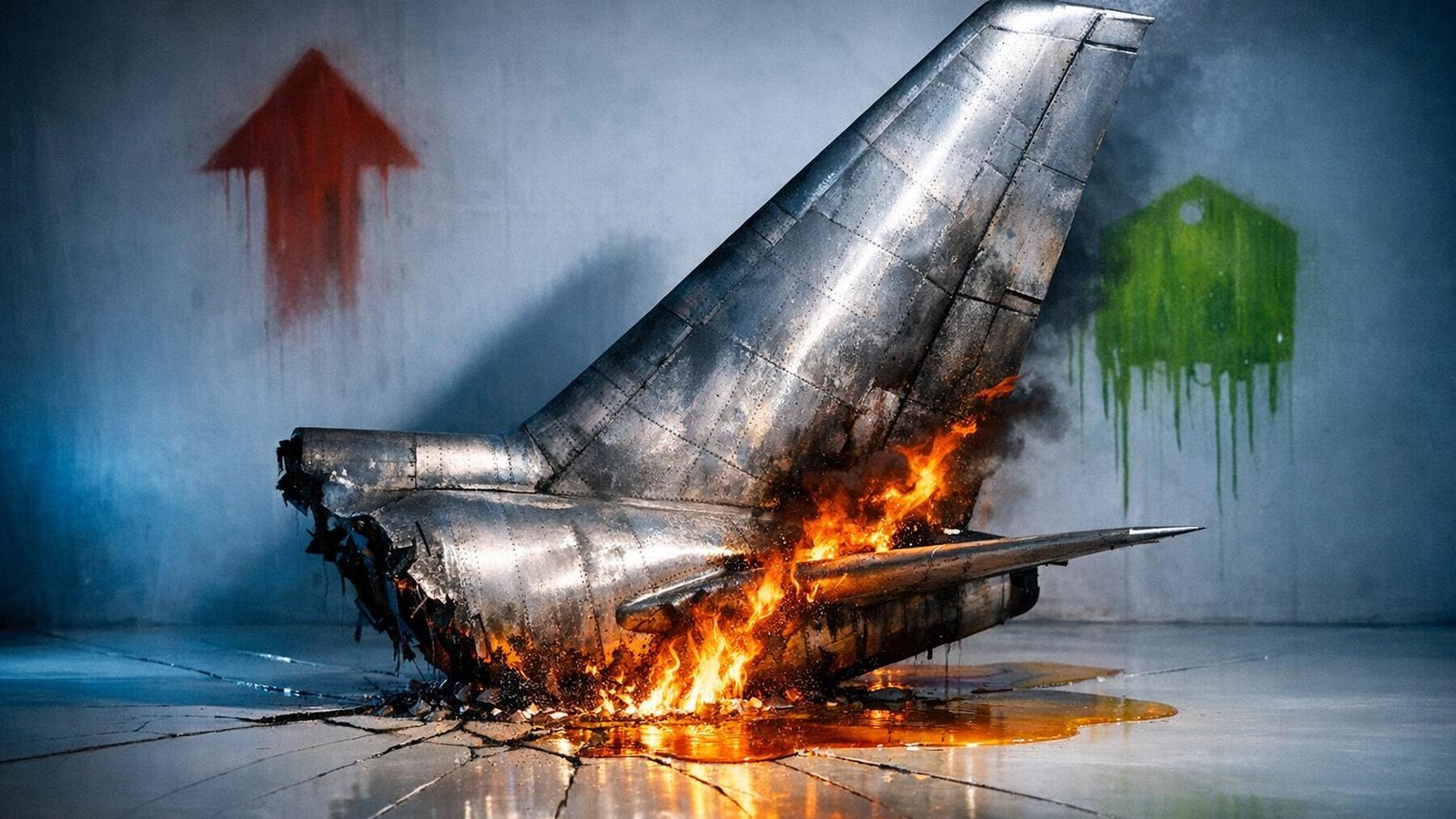 Brennendes Flugzeug-Heck kracht in Studioboden, Kerosin-Lache, Preisexplosion-Graffiti