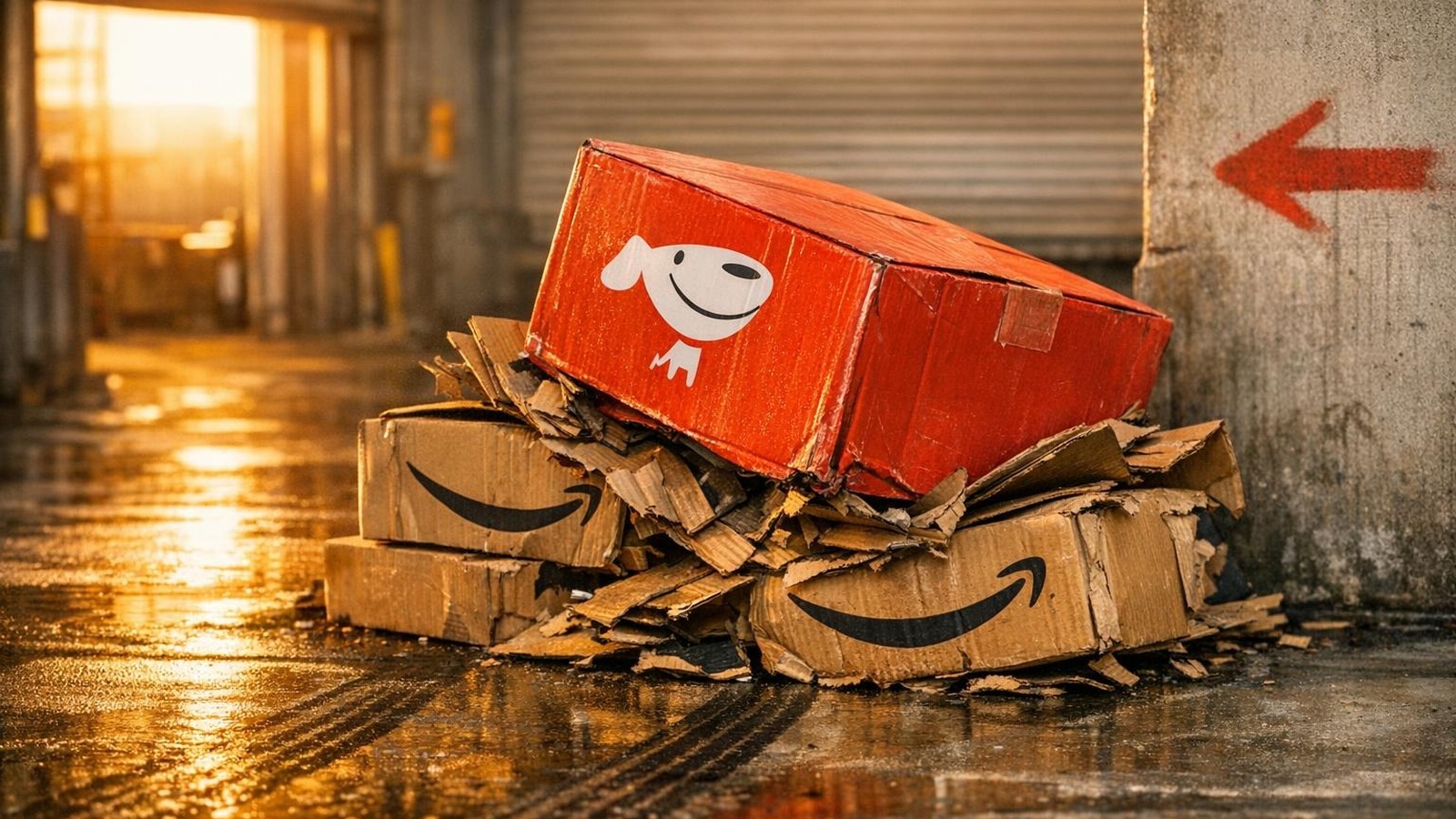 JD.com-Paket durchbricht Amazon-Pakete auf Lager-Rampe — Symbol für Chinas Logistik-Offensive
