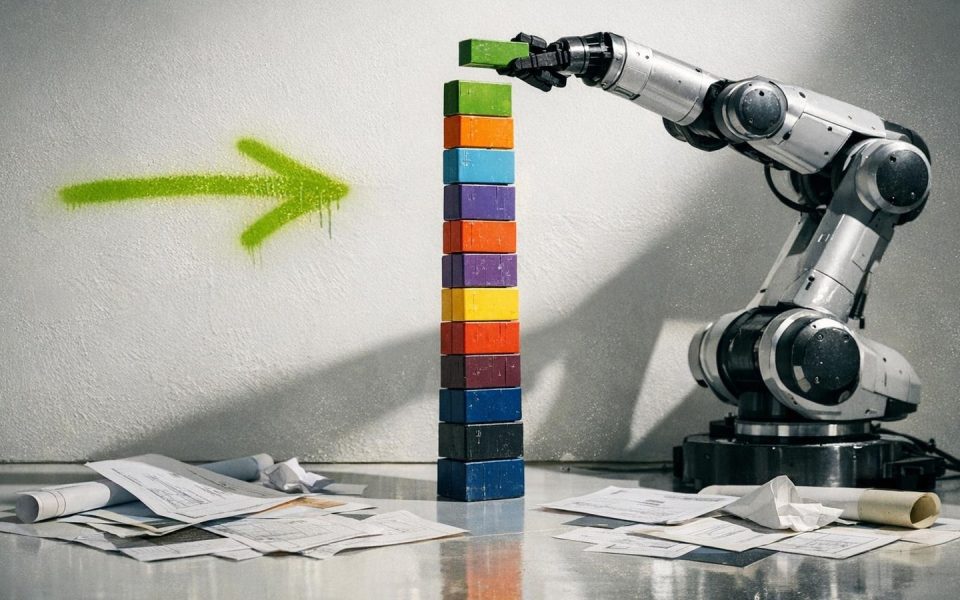 Roboterarm stapelt Code-Blöcke während Business-Dokumente am Boden liegen – Symbol für einseitiges KI-Training