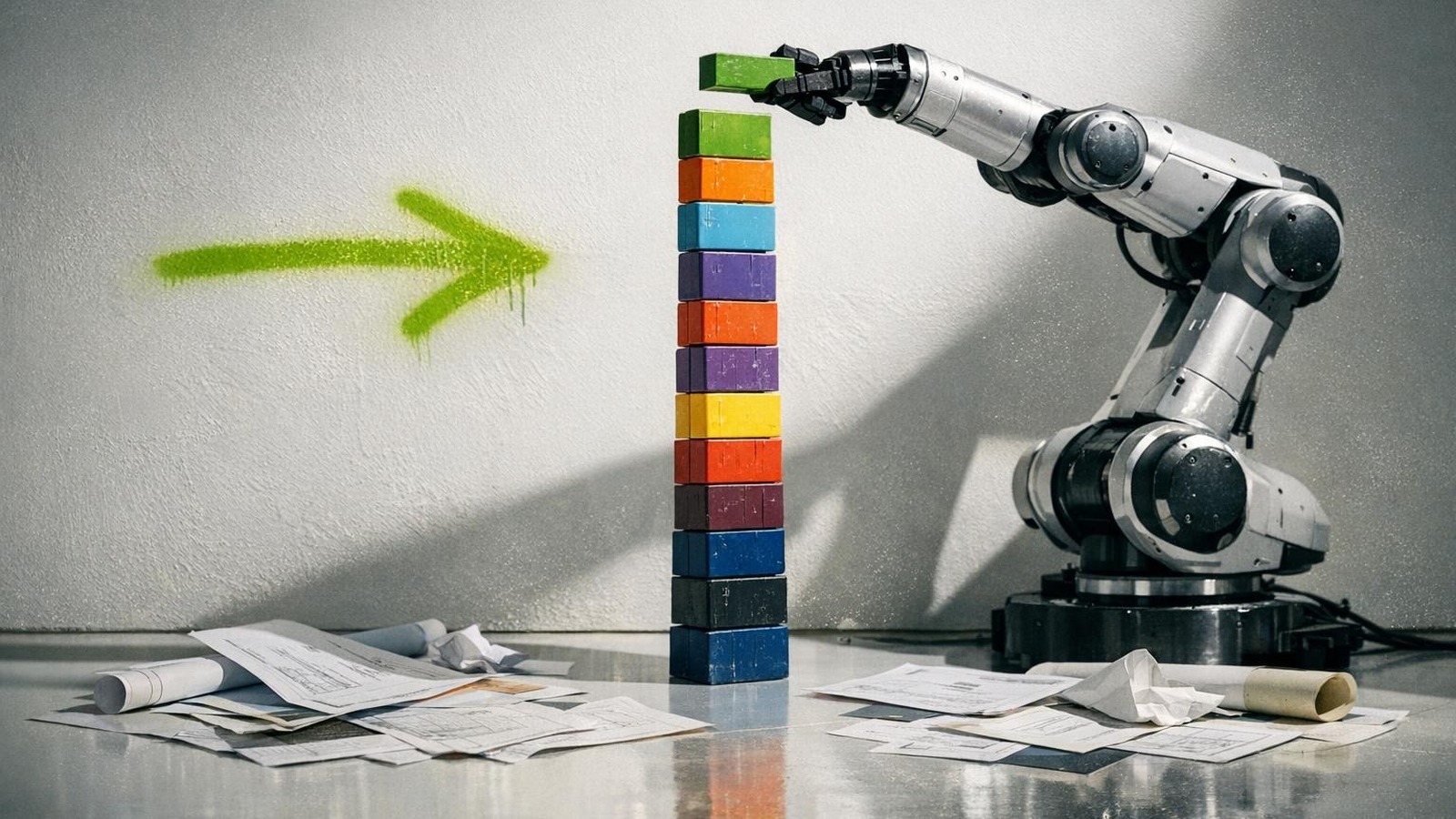 Roboterarm stapelt Code-Blöcke während Business-Dokumente am Boden liegen – Symbol für einseitiges KI-Training