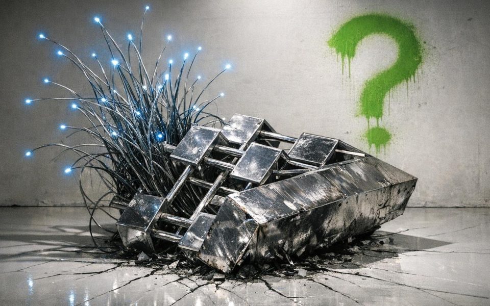 Umgestürzte Hierarchie-Pyramide aus Metall mit chaotisch wachsenden Glasfaserkabeln im Studio