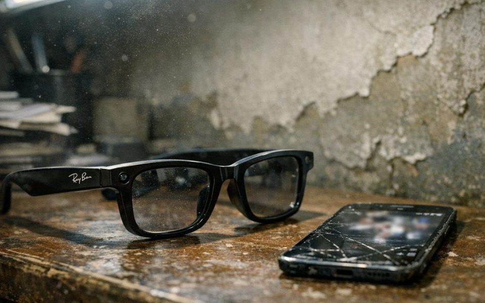Ray-Ban Meta Smartglasses auf abgenutztem Schreibtisch in Nairobi-Büro mit Smartphone