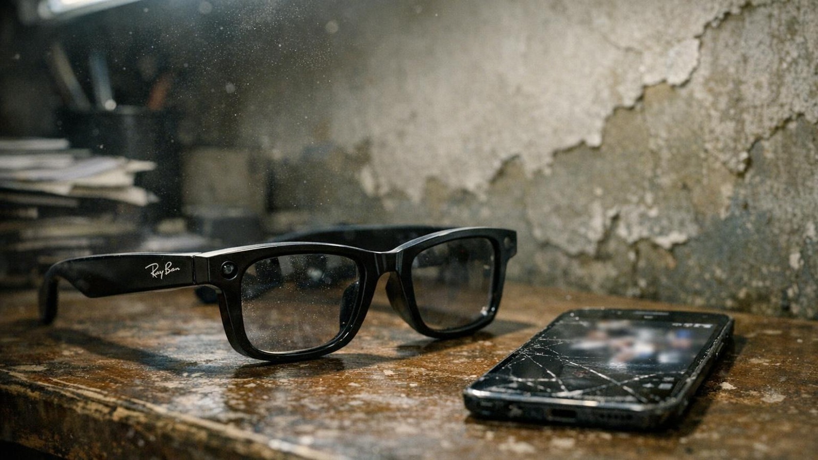 Ray-Ban Meta Smartglasses auf abgenutztem Schreibtisch in Nairobi-Büro mit Smartphone