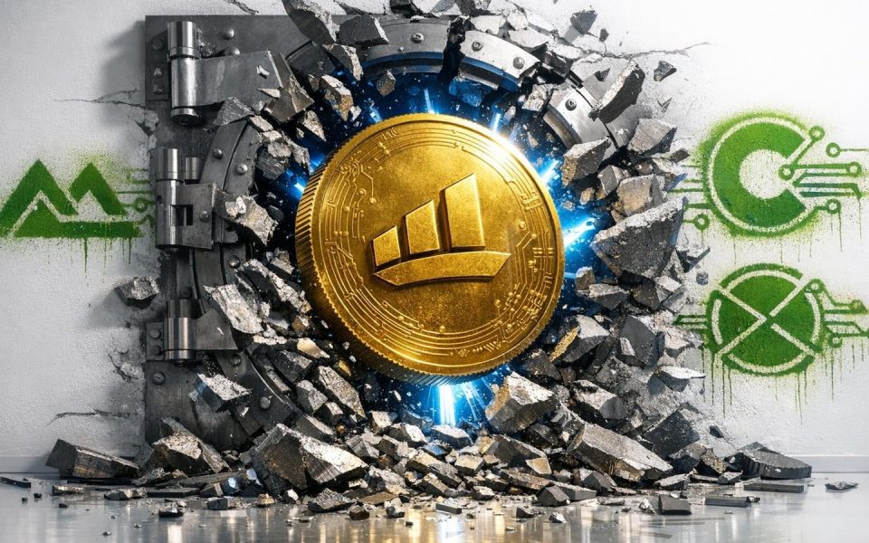 Goldene Midas-Münze durchbricht Bank-Tresor, symbolisiert Tokenisierungs-Disruption im Finanzsektor