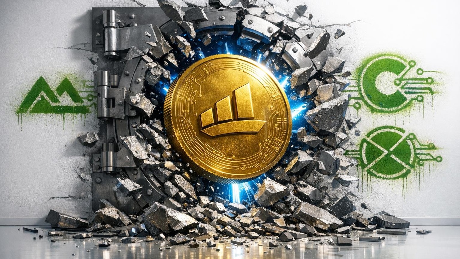 Goldene Midas-Münze durchbricht Bank-Tresor, symbolisiert Tokenisierungs-Disruption im Finanzsektor