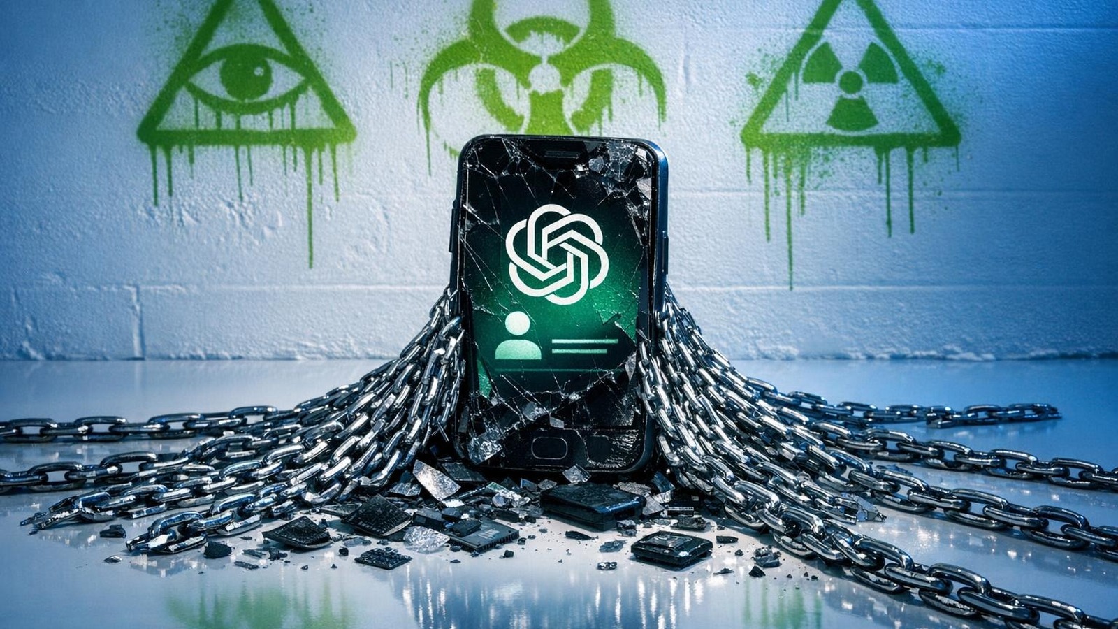 Zerbrochenes Smartphone mit ChatGPT-Logo und Datenketten symbolisiert Überwachung intimer Gedanken
