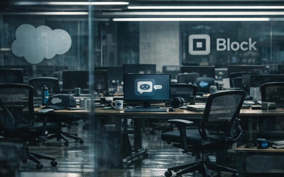 Leere Bürostühle in modernem Office mit Salesforce- und Block-Logos an Glaswänden