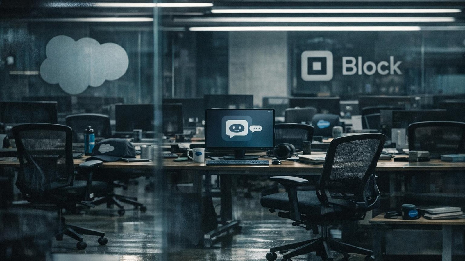 Leere Bürostühle in modernem Office mit Salesforce- und Block-Logos an Glaswänden
