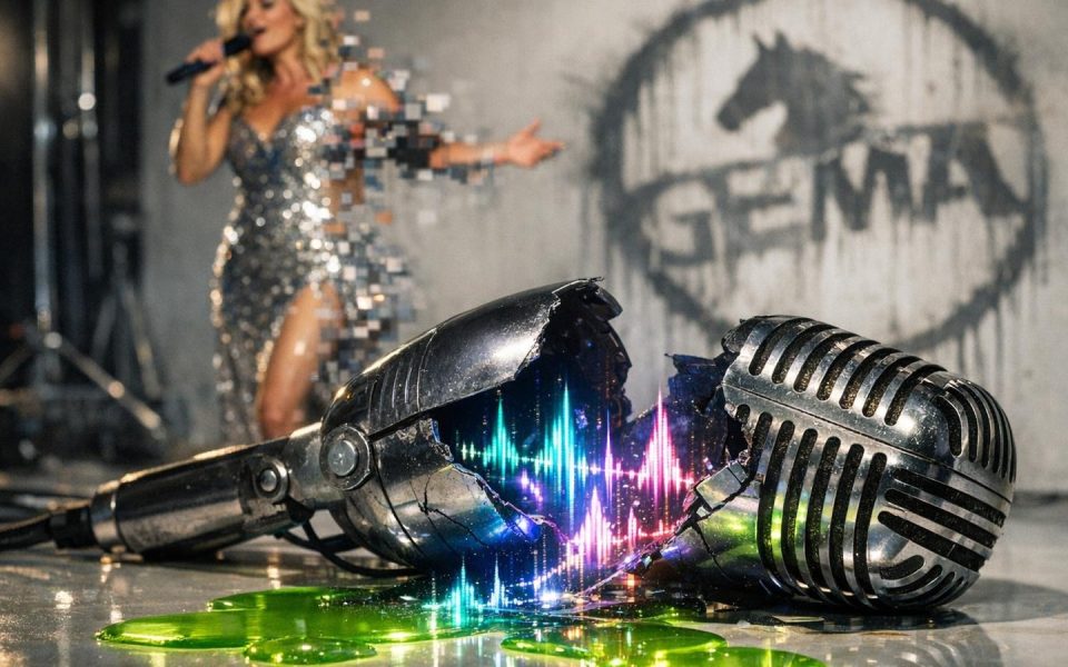 Suno-Mikrofon mit holografischen Wellen, Helene Fischer als glitchende Projektion, GEMA-Logo an Wand