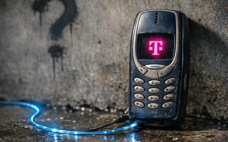Nokia 3310 mit leuchtendem Telekom-Logo auf dem Display, Glasfaserkabel an der Seite