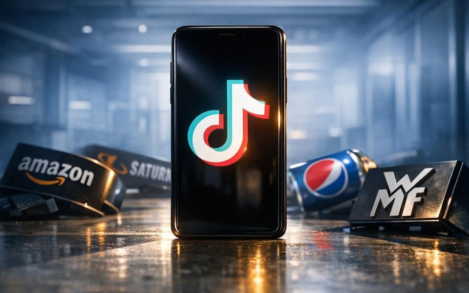 TikTok-Logo auf Smartphone überragt gestürzte Saturn- und Douglas-Logos am Boden