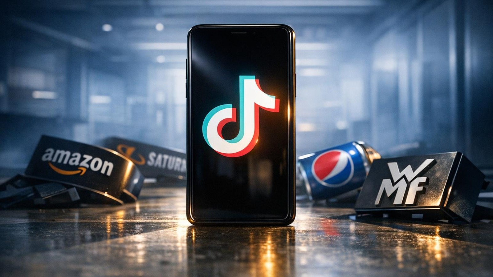 TikTok-Logo auf Smartphone überragt gestürzte Saturn- und Douglas-Logos am Boden