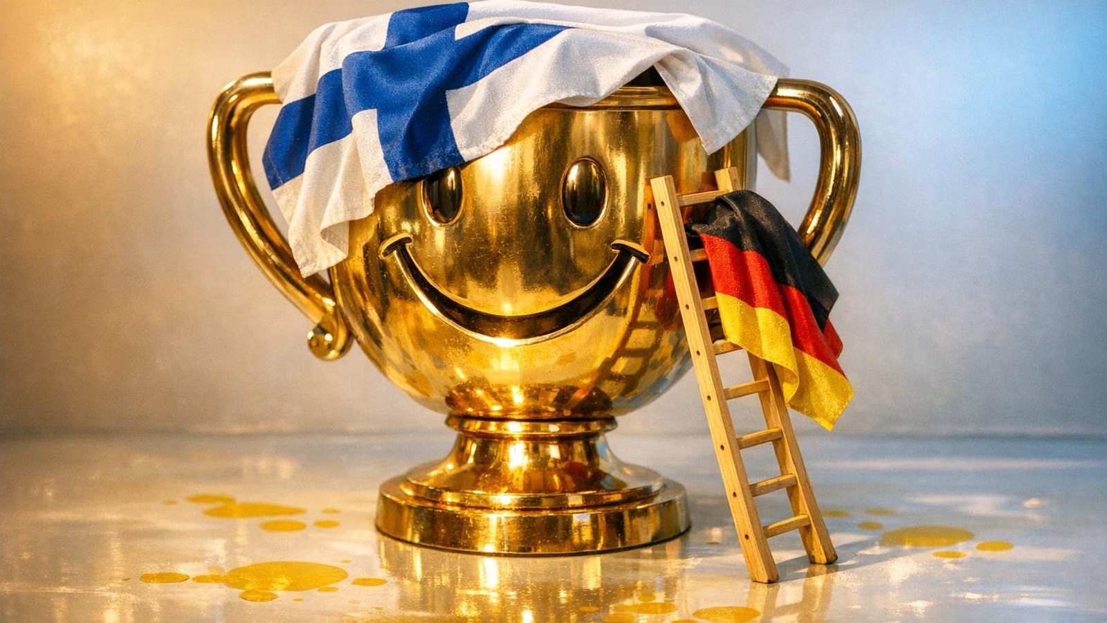 Goldene Glücks-Trophäe mit finnischer Flagge als Krone, deutsche Flagge klettert auf Holzleiter empor
