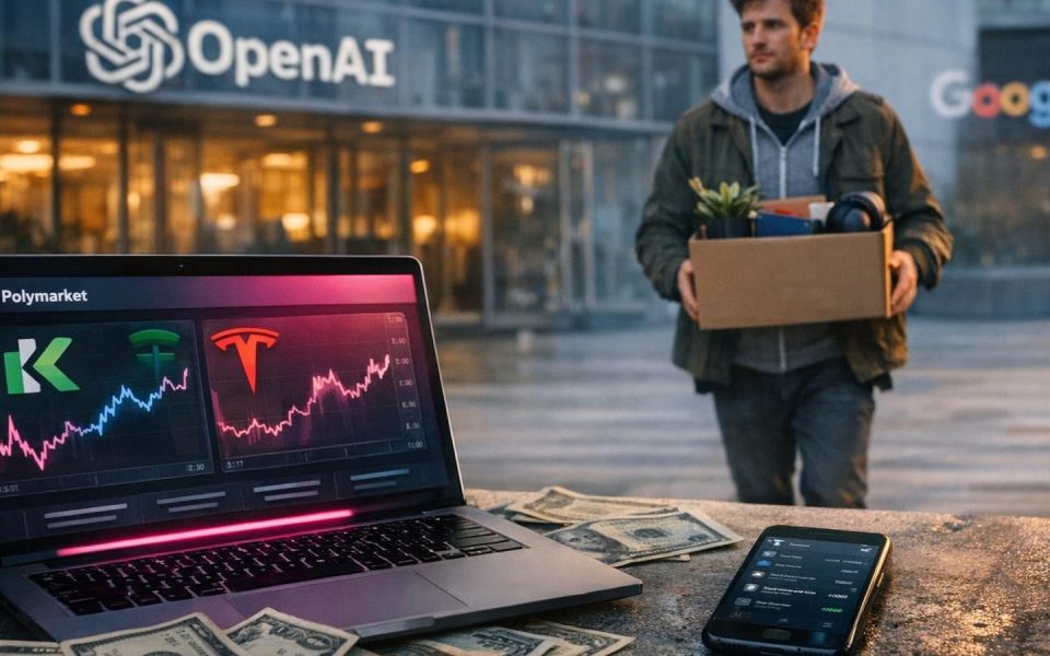 OpenAI-Mitarbeiter verlässt Büro nach Entlassung, Laptop mit Polymarket-Trading-Interface im Vordergrund
