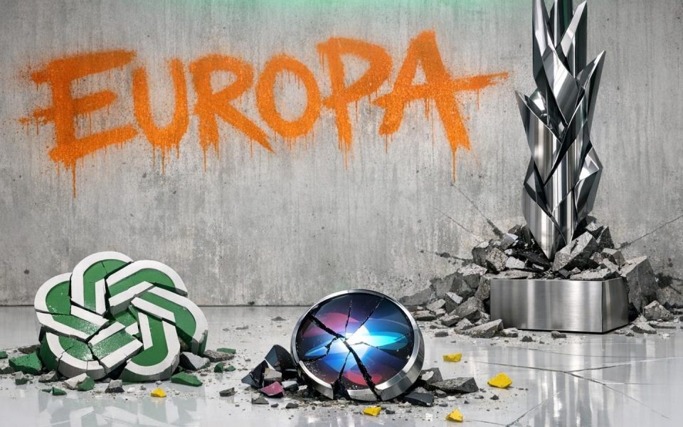 Zerbrochenes ChatGPT-Logo neben aufsteigendem Eustella-Branding im Studio mit Europa-Graffiti