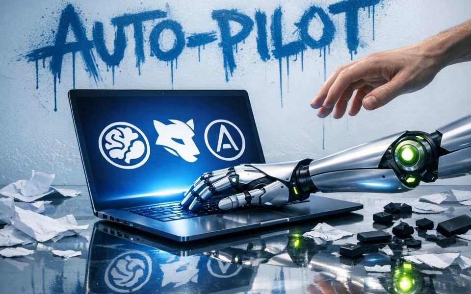 Roboterhand tippt auf WordPress-Laptop während menschliche Hand loslässt – KI übernimmt Content-Kontrolle
