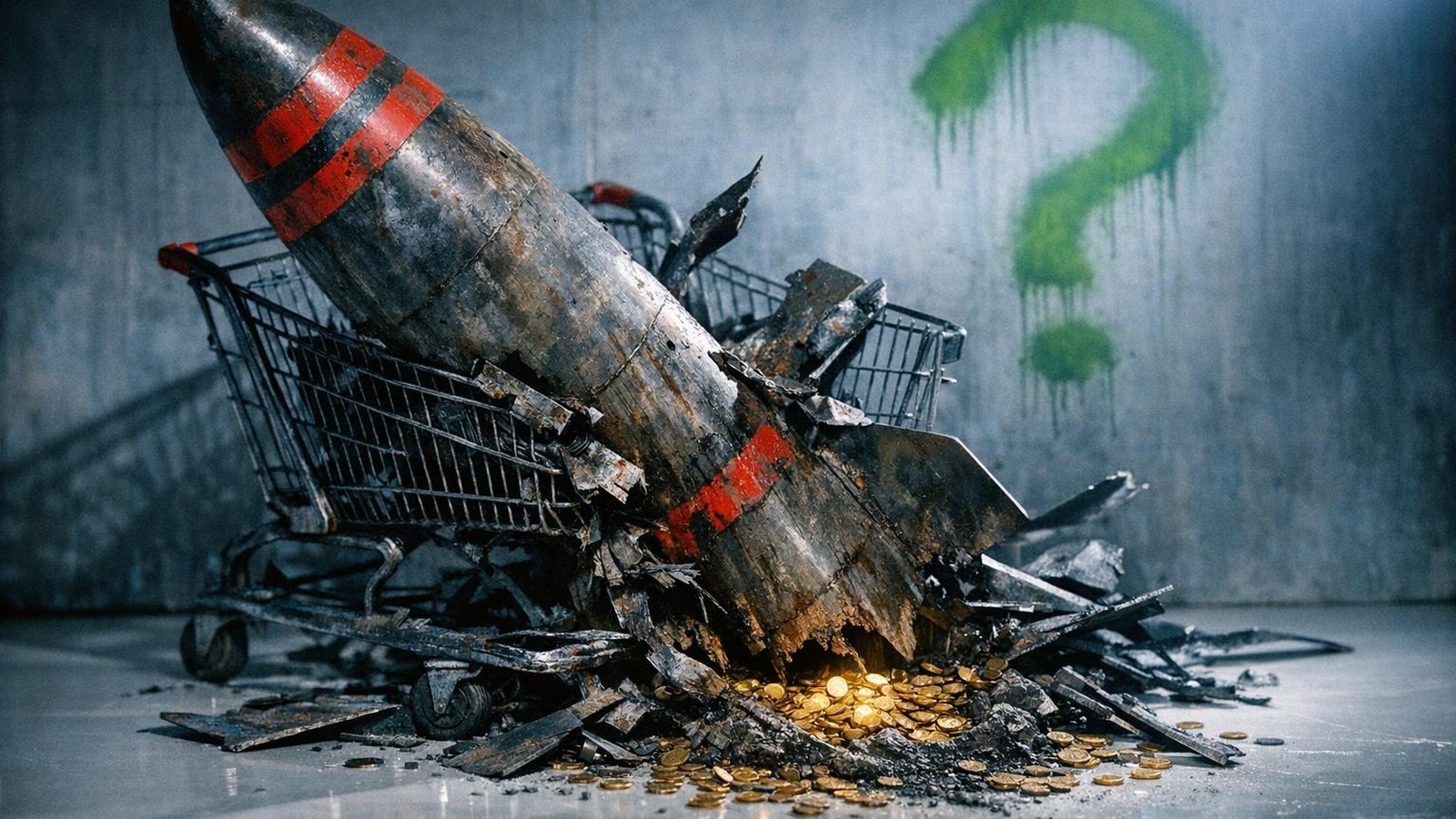 Rakete durchschlägt Einkaufswagen, Münzen verstreut auf weißem Boden, Graffiti-Fragezeichen an Wand