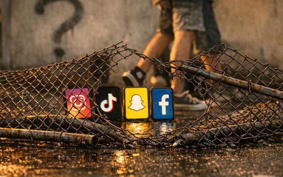 Zerbrochener Zaun vor leuchtenden Smartphone-Bildschirmen mit Social-Media-Apps Instagram und TikTok