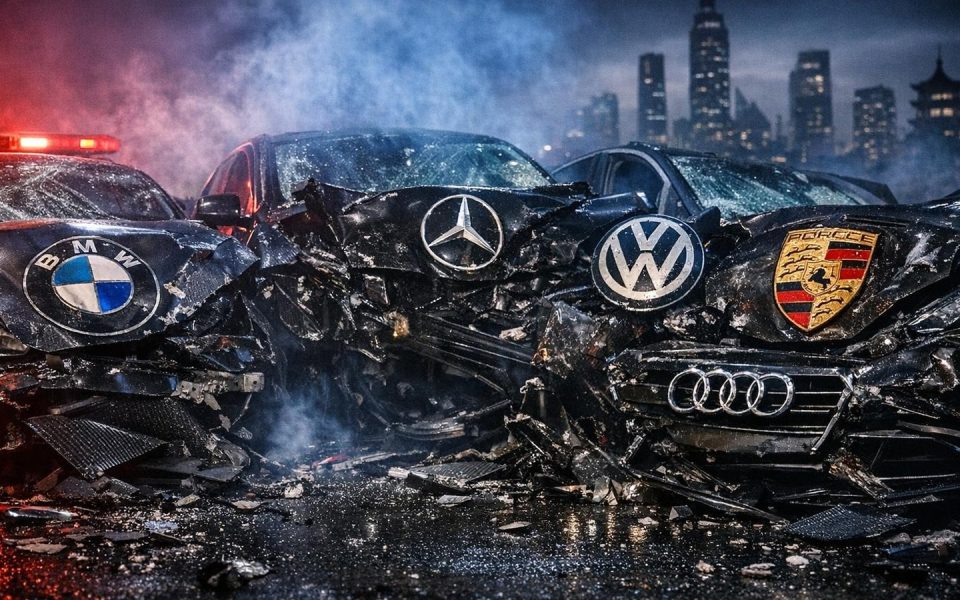 Zerstörte BMW, Mercedes und VW Autos mit sichtbaren Logos symbolisieren Absturz deutscher Autobauer