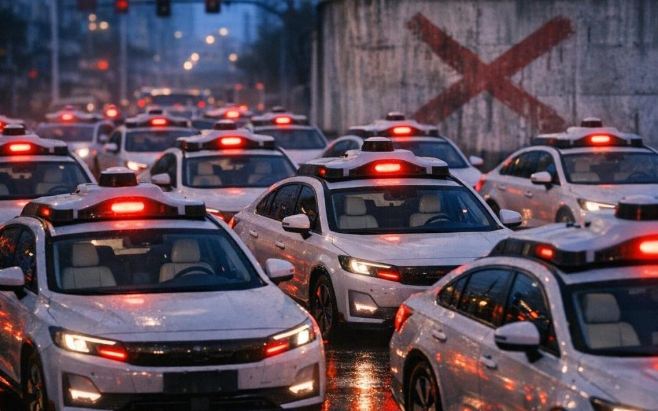 Baidu-Robotaxis blockieren Straßenkreuzung in Wuhan bei Abenddämmerung